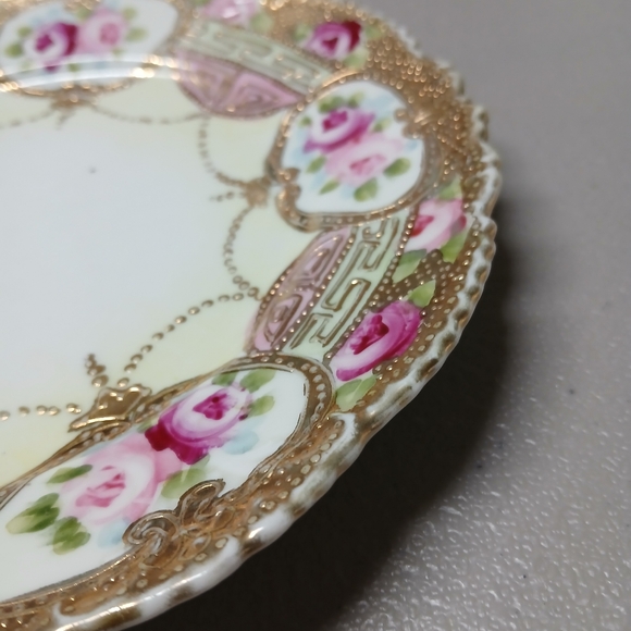 Nippon Vintage 7.5" Plate Gold Scalloped Edge Pink Roses Berry Bowl Underplate? - Picture 7 of 16